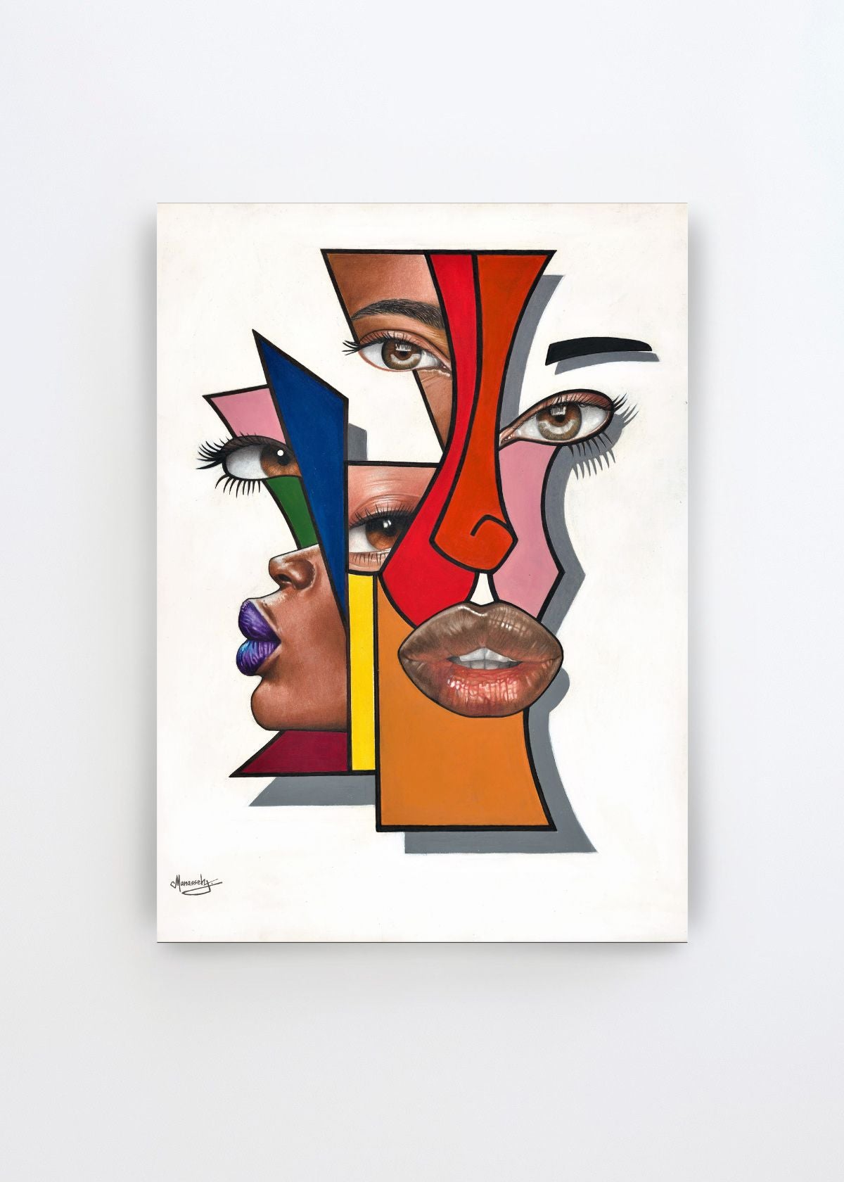 Abstract Geometric Faces af Manasseh Johnson Sr. – farverig abstrakt plakat med geometriske ansigter, øjne og læber i rød, blå, gul, grøn og orange.