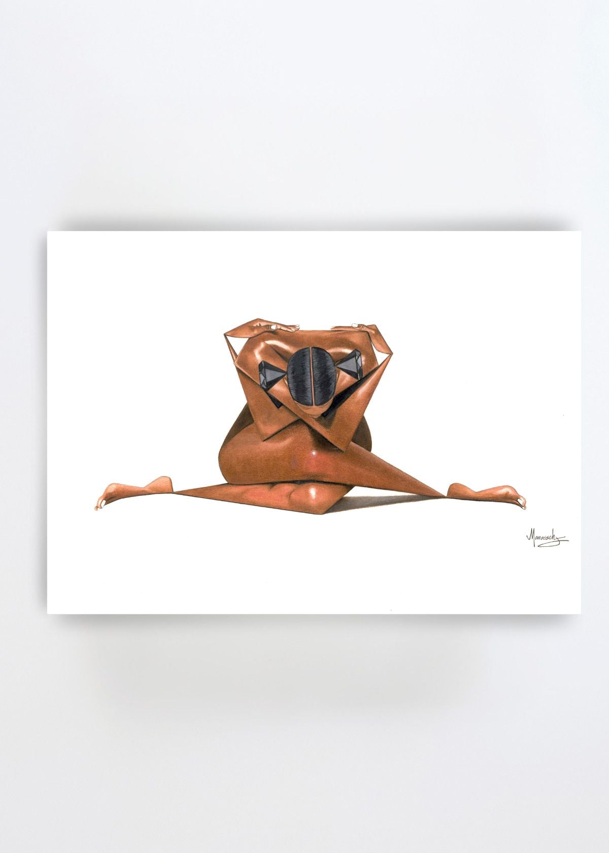 Abstract Geometric Splits by Manasseh Johnson Sr. – abstract art print featuring a woman in a full side split with warm brown tones and bold black geometric shapes on a white background.