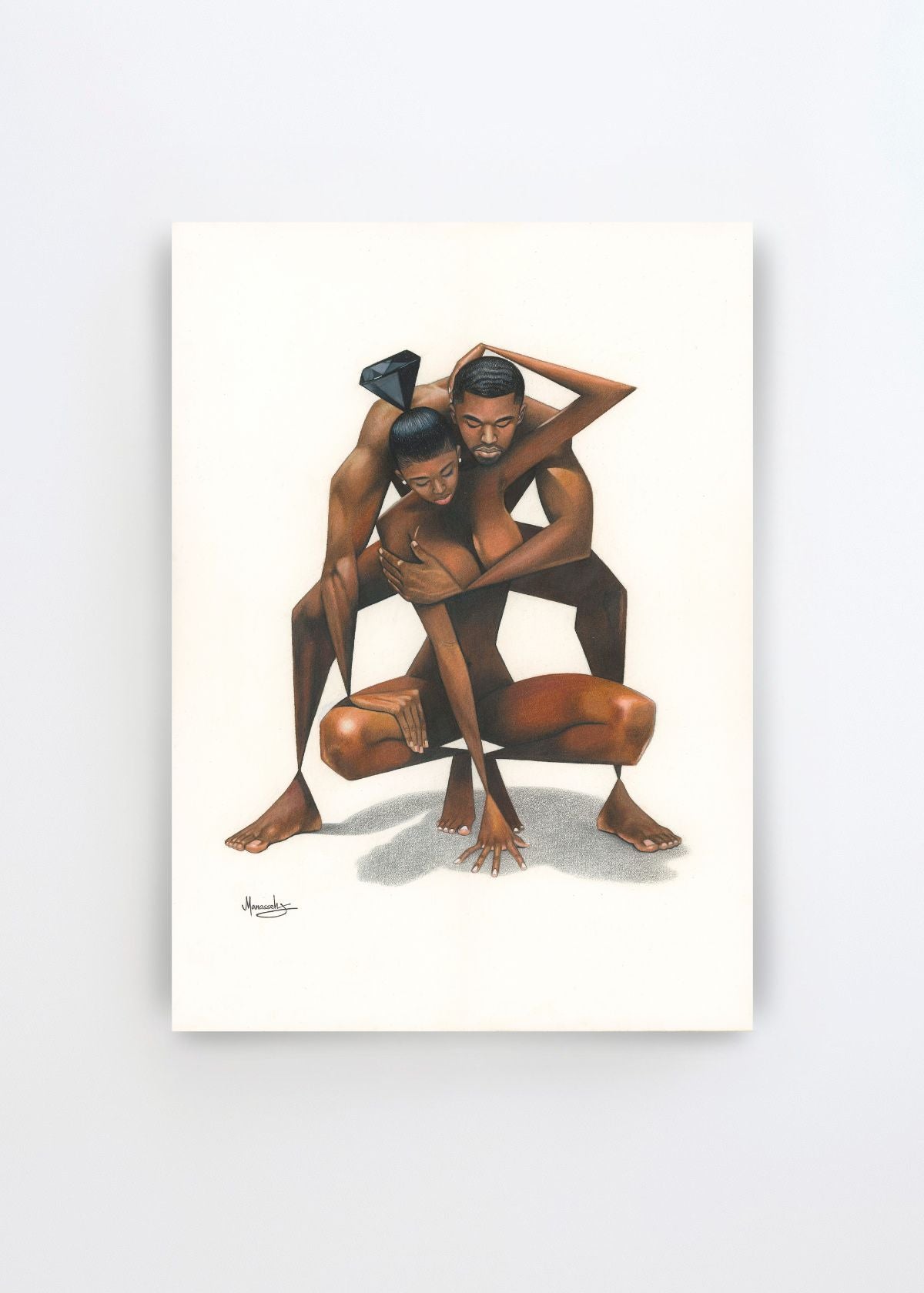 Abstract Loving Couple by Manasseh Johnson Sr. – figurative art print featuring an embracing couple in warm brown tones with black geometric shapes on a white background.