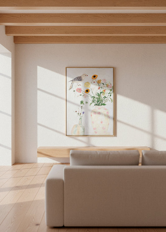 Bird No. 1 canvas print displayed in a minimalist living room with wooden beams and natural light, featuring a hand-painted bird and vase of flowers. Hello Poster canvas art.
