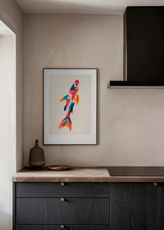 Colorfin fish poster from Hello Poster in a modern Scandinavian kitchen with warm beige walls, dark cabinets and a minimalist styled countertop.
