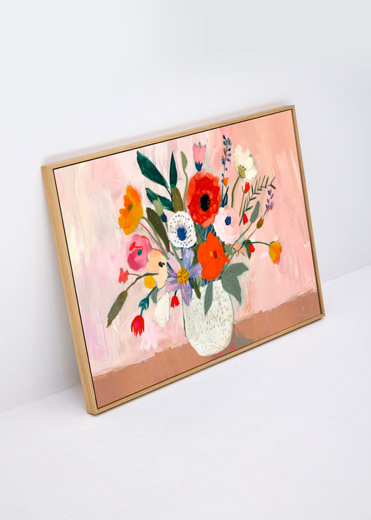 Flowers canvas print – horizontal floral artwork with colorful bouquet on pastel pink background