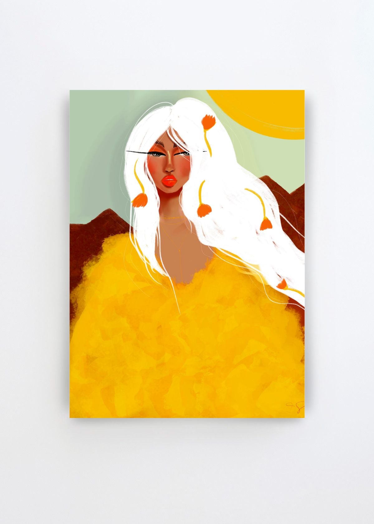 Golden Woman White Hair by Amy Straley art print featuring a woman with flowing white hair, orange earrings and a voluminous golden yellow outfit against a soft green and warm earthy background.