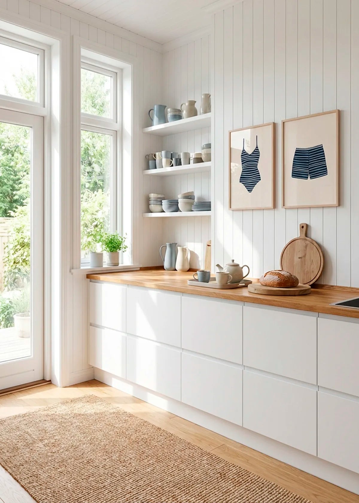Navy striped swim shorts and swimsuit posters in oak frames in Nordic kitchen with natural light, summer house wall decor inspiration