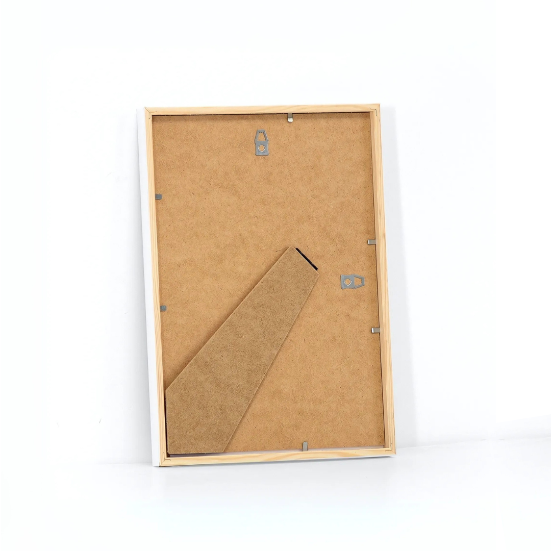 White wooden picture frame A4 (21x29.7 cm) – back view with MDF backing, fold-out stand, and hanging hardware