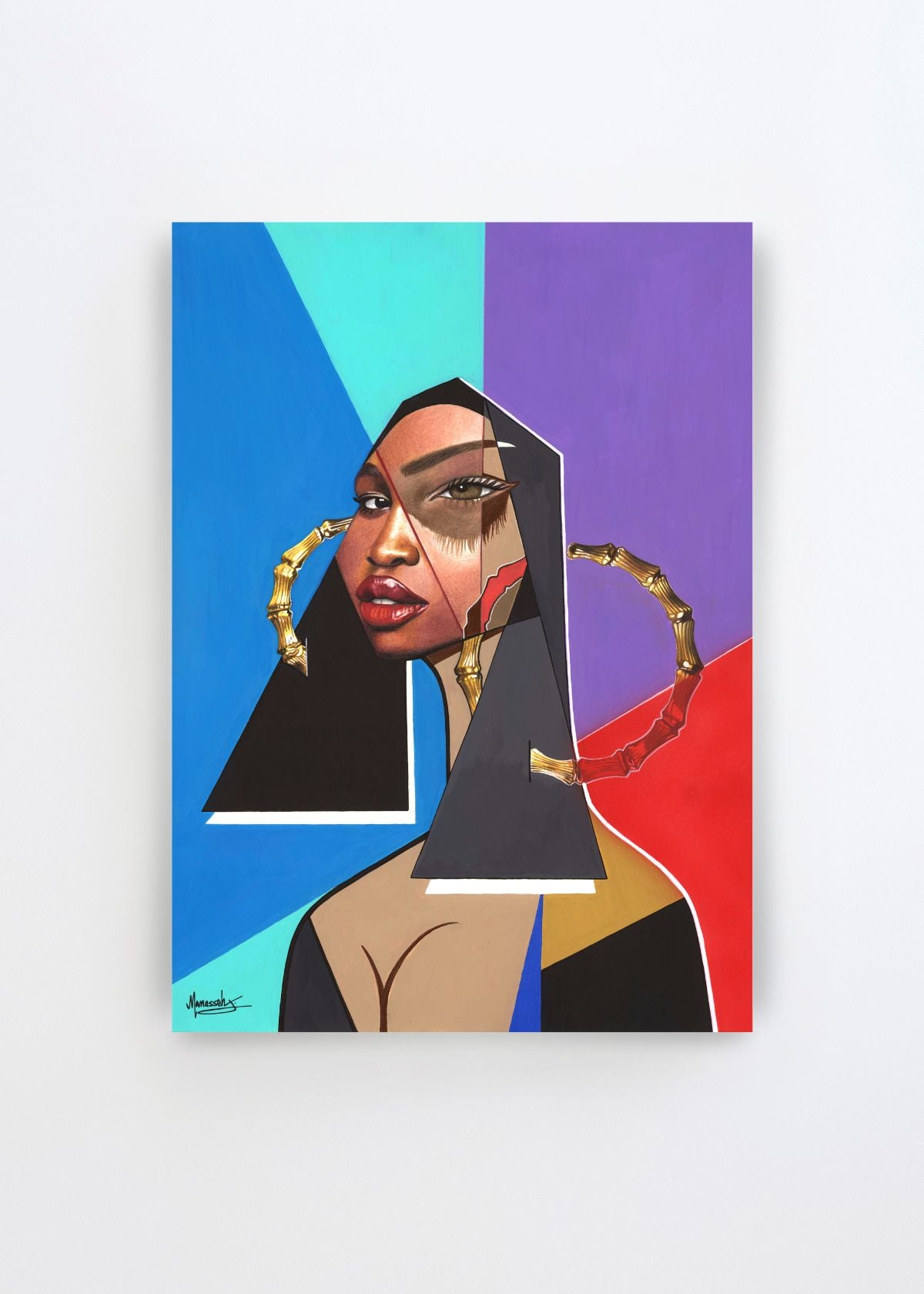 Modern Geometric Beauty by Manasseh Johnson Sr. – bold figurative art print featuring a woman with geometric facial details, large gold hoop earrings and vivid blue, turquoise, purple and red colour fields.