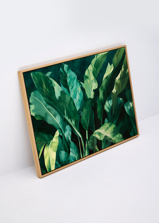 Lush botanical canvas artwork featuring rich green leaves, perfect for modern interiors. Plant Wide – On Canvas adds a calming, natural element to any living space.