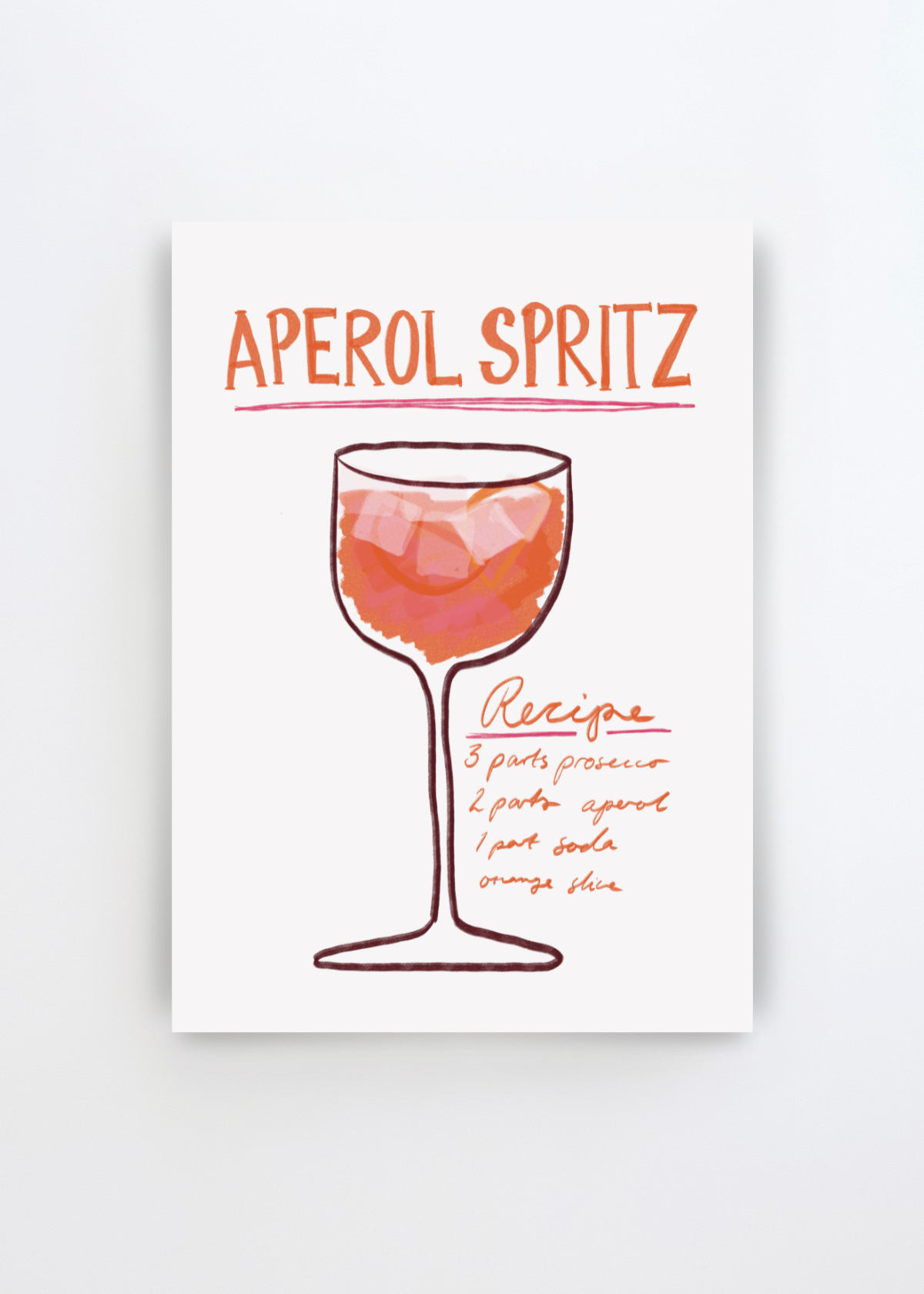 Recipe Delight by Athene Fritsch art print featuring a hand-drawn Aperol Spritz glass with ice and a handwritten cocktail recipe in warm orange, coral and burgundy tones on a soft white background