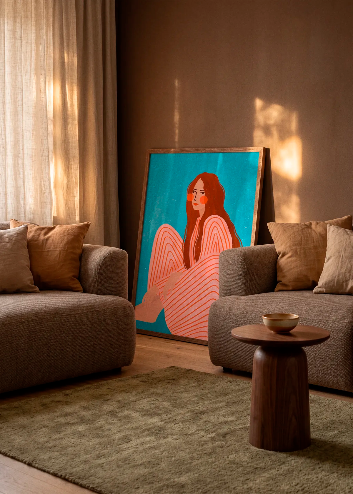 Serene Striped Woman by Bea Müller art print featuring a seated woman in a pink striped outfit against a vivid turquoise background, displayed in a wood frame in a warm, sunlit living room.