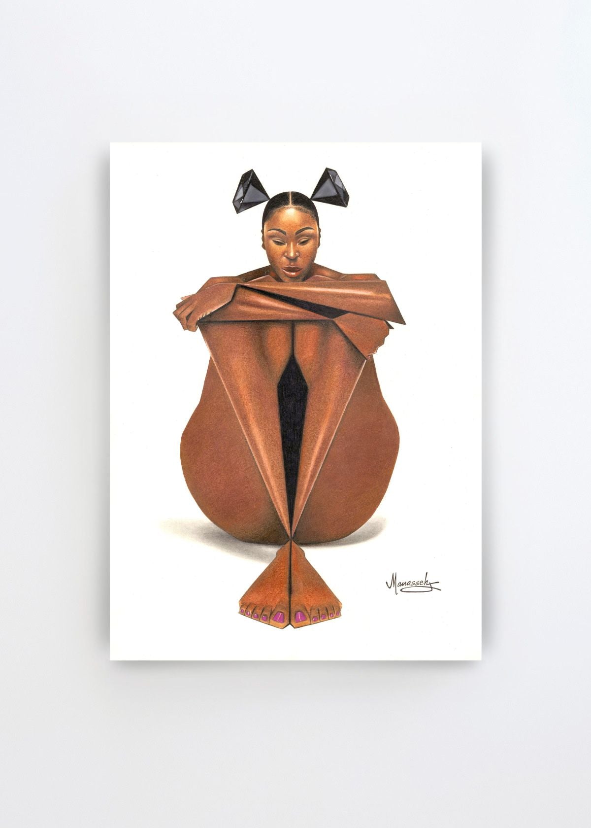 Thoughtful Folded Woman by Manasseh Johnson Sr. – figurative art print of a seated woman with folded arms and knees, rendered in warm brown tones with black geometric details on a white background.