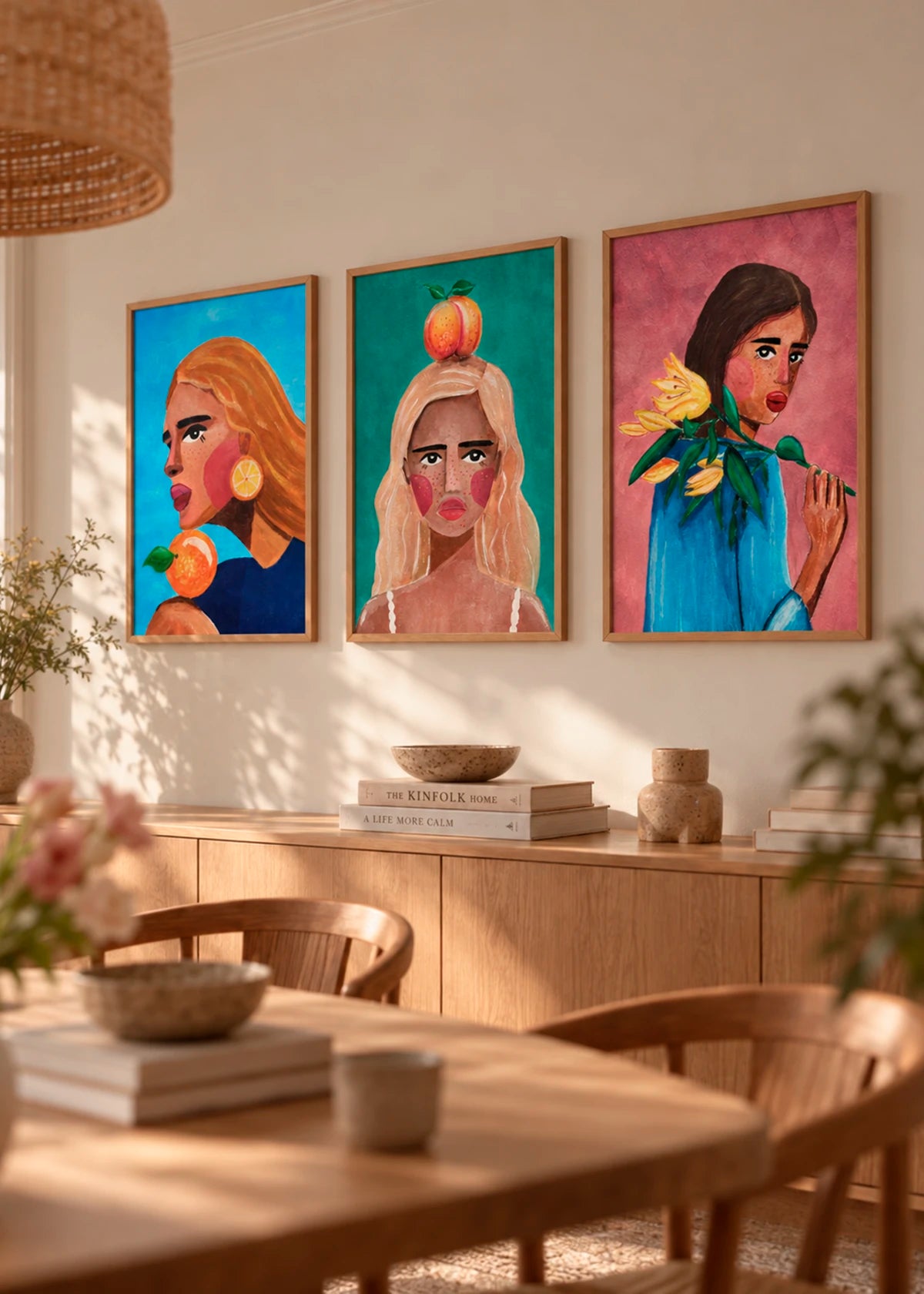 Woman With Lily, Woman With Orange og Woman With Peach af Raissa Oltmanns i mørke trærammer på en farverig billedvæg i varm spisestue.