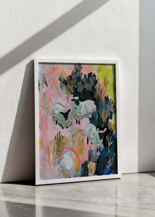 Sheep Farm - HelloPoster - Framed Sheep Farm poster leaning against a wall in bright natural light