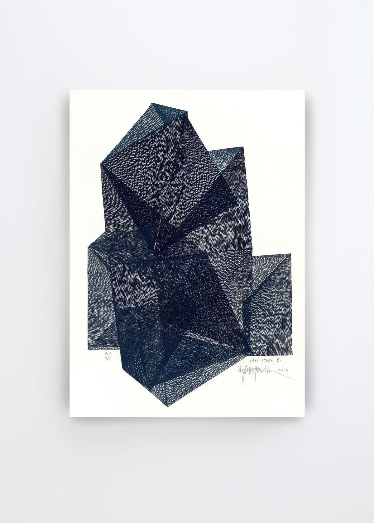 Abstract Geometric Shapes art poster by Paulina Vårregn featuring layered dark navy and charcoal geometric forms on a clean white background.