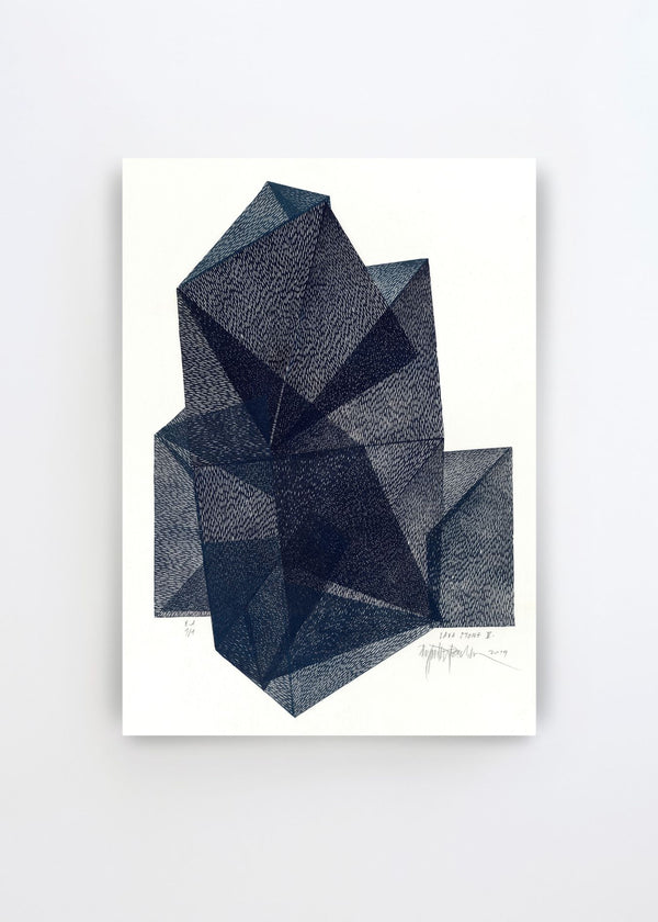 Abstract Geometric Shapes art poster by Paulina Vårregn featuring layered dark navy and charcoal geometric forms on a clean white background.