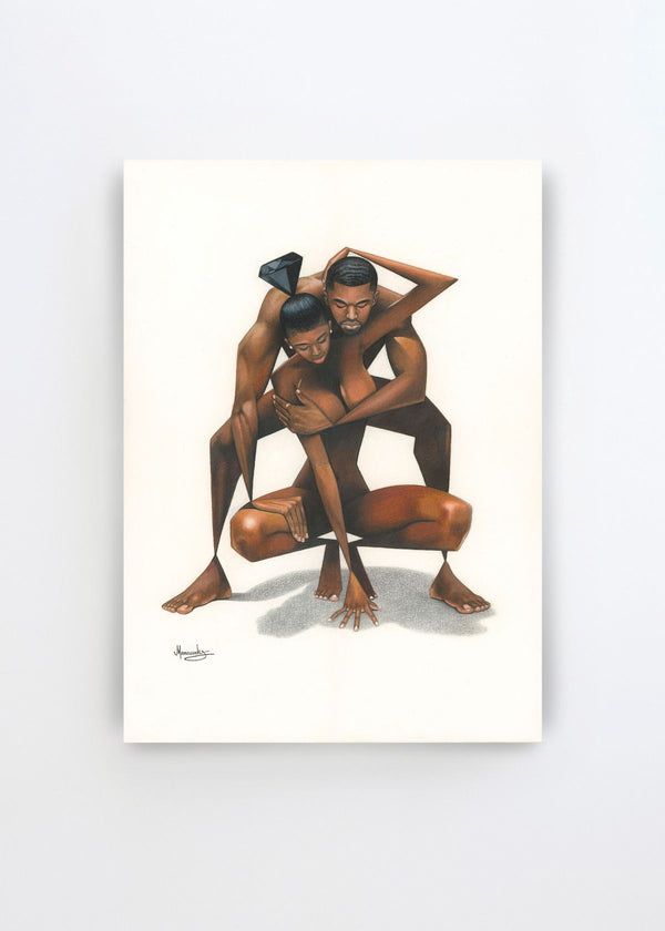 Abstract Loving Couple by Manasseh Johnson Sr. – figurative art print featuring an embracing couple in warm brown tones with black geometric shapes on a white background.