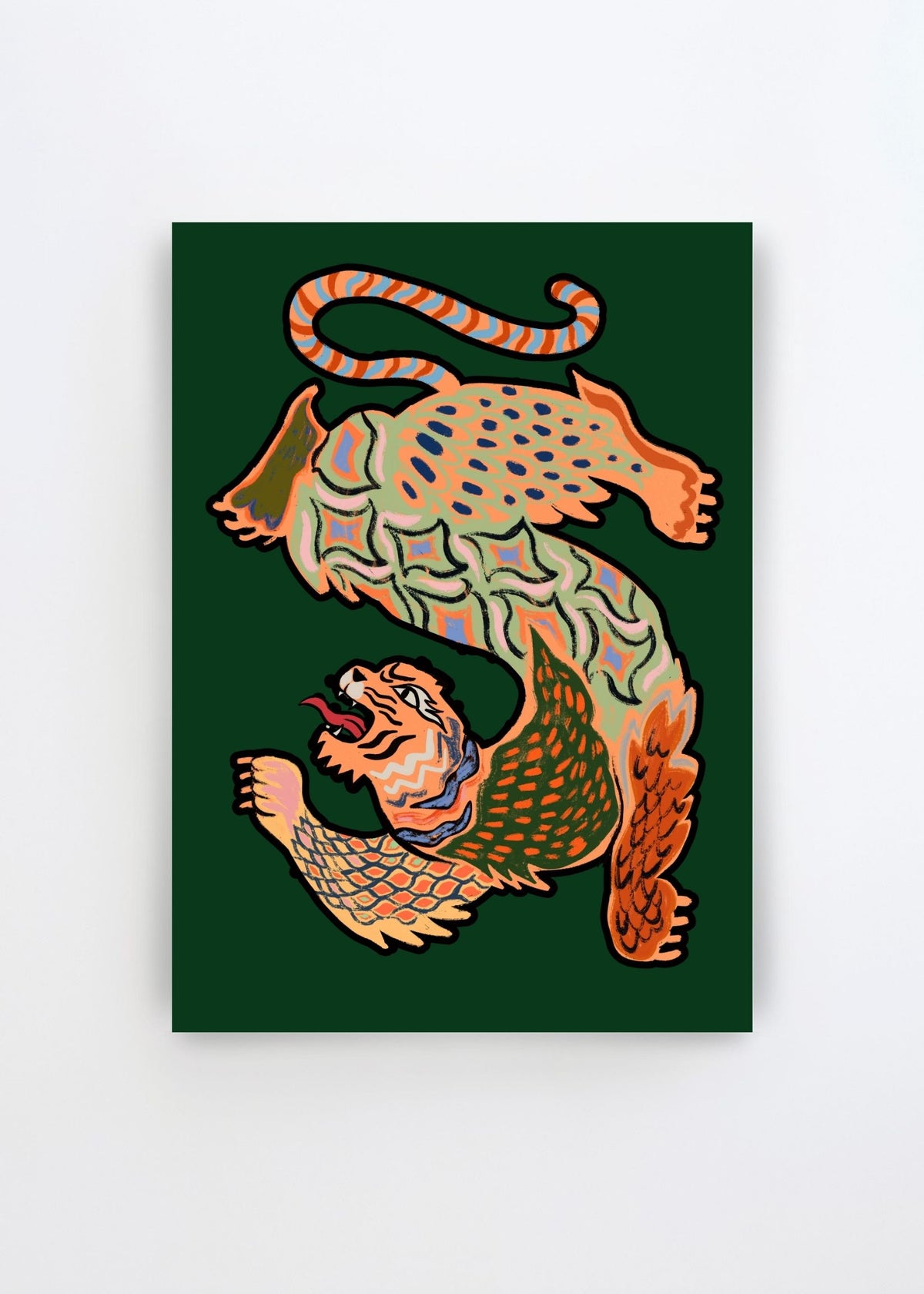 Asiantiger Green by Arty Guava – bold art poster featuring a stylized Asian tiger illustration on a deep green background.