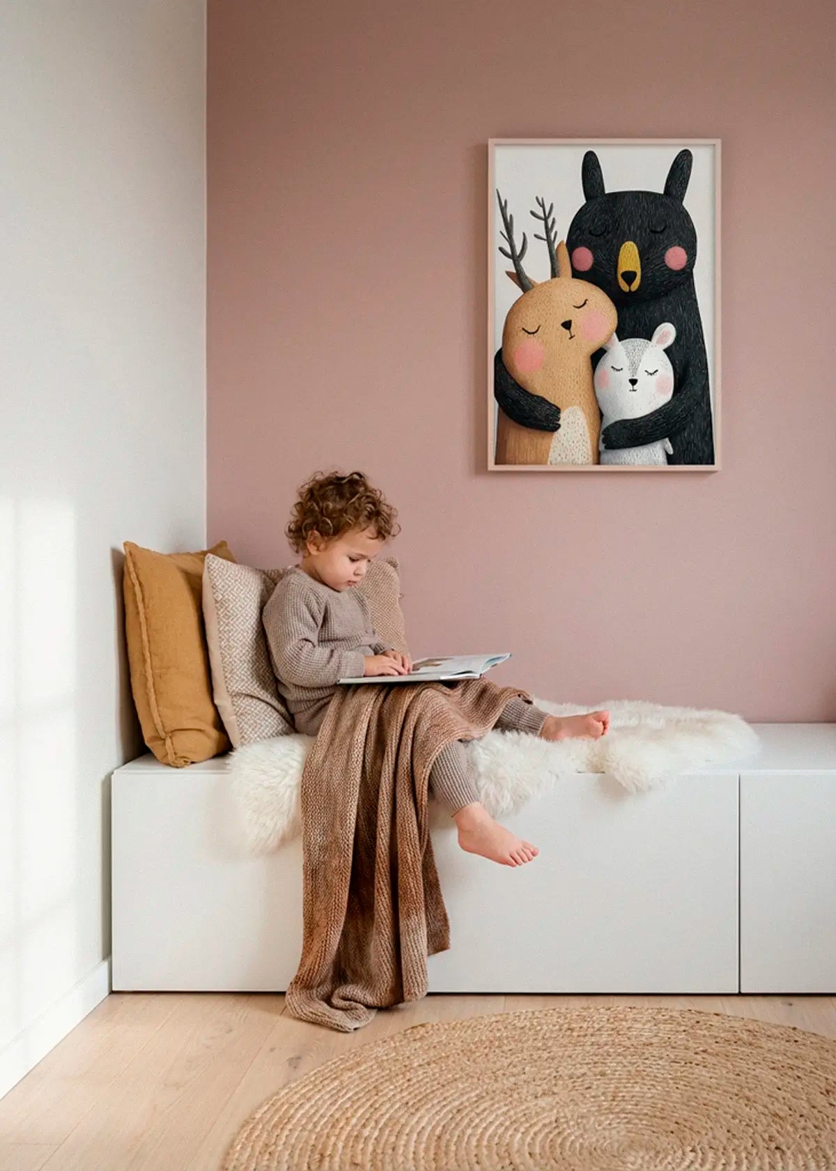 Animal poster BFF above a reading nook in a soft pink kids room with calm styling