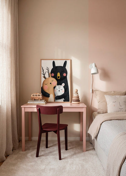 BFF children’s poster with a black bear hugging two forest friends, styled above a pink desk in a soft beige kids bedroom.