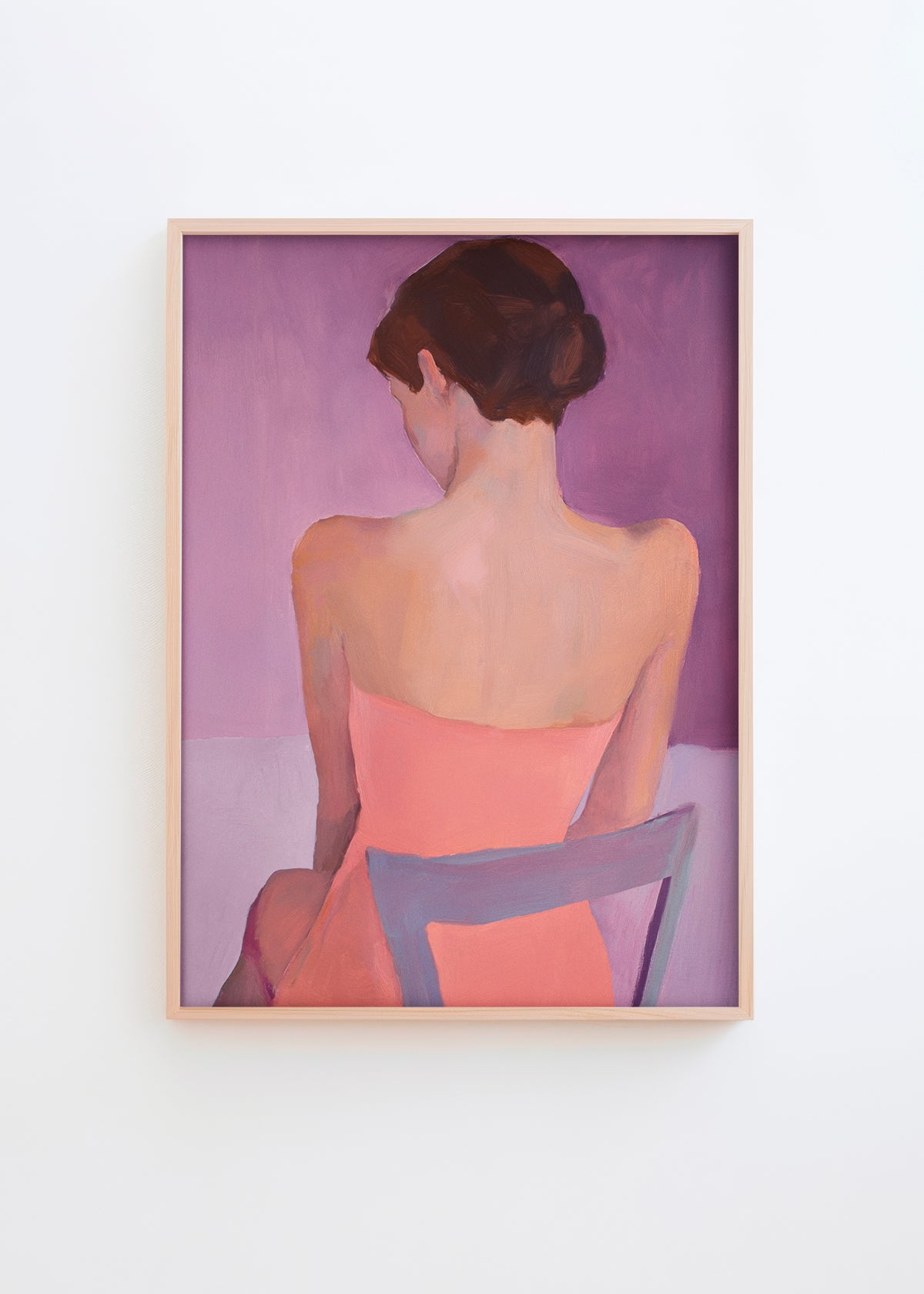 Art poster titled "Ballroom" featuring a seated woman in soft coral and peach tones with a lavender backdrop, perfect for adding elegance to modern interiors.