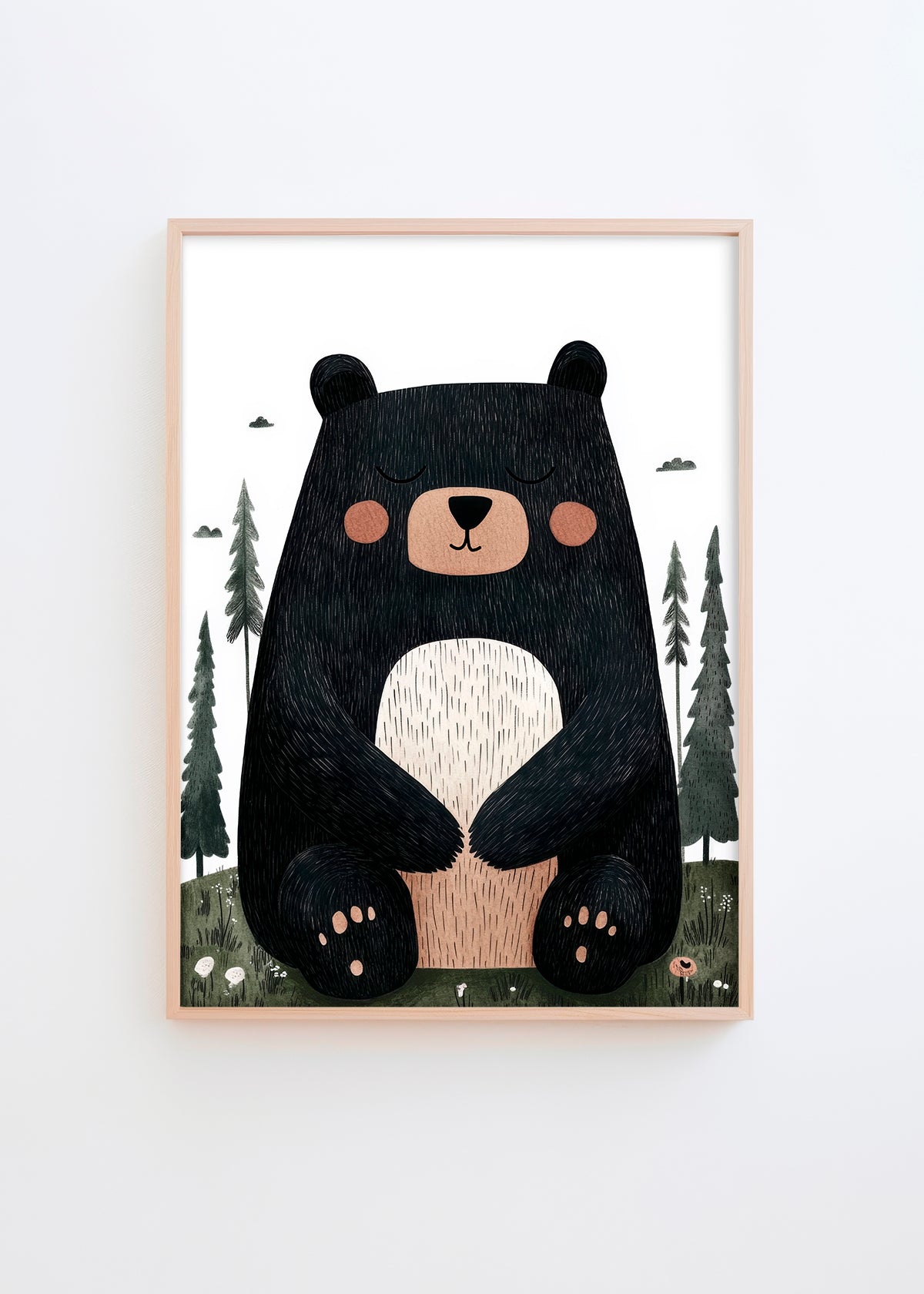 Bear poster featuring a peaceful black bear sitting in a tranquil forest, perfect for kids' rooms."