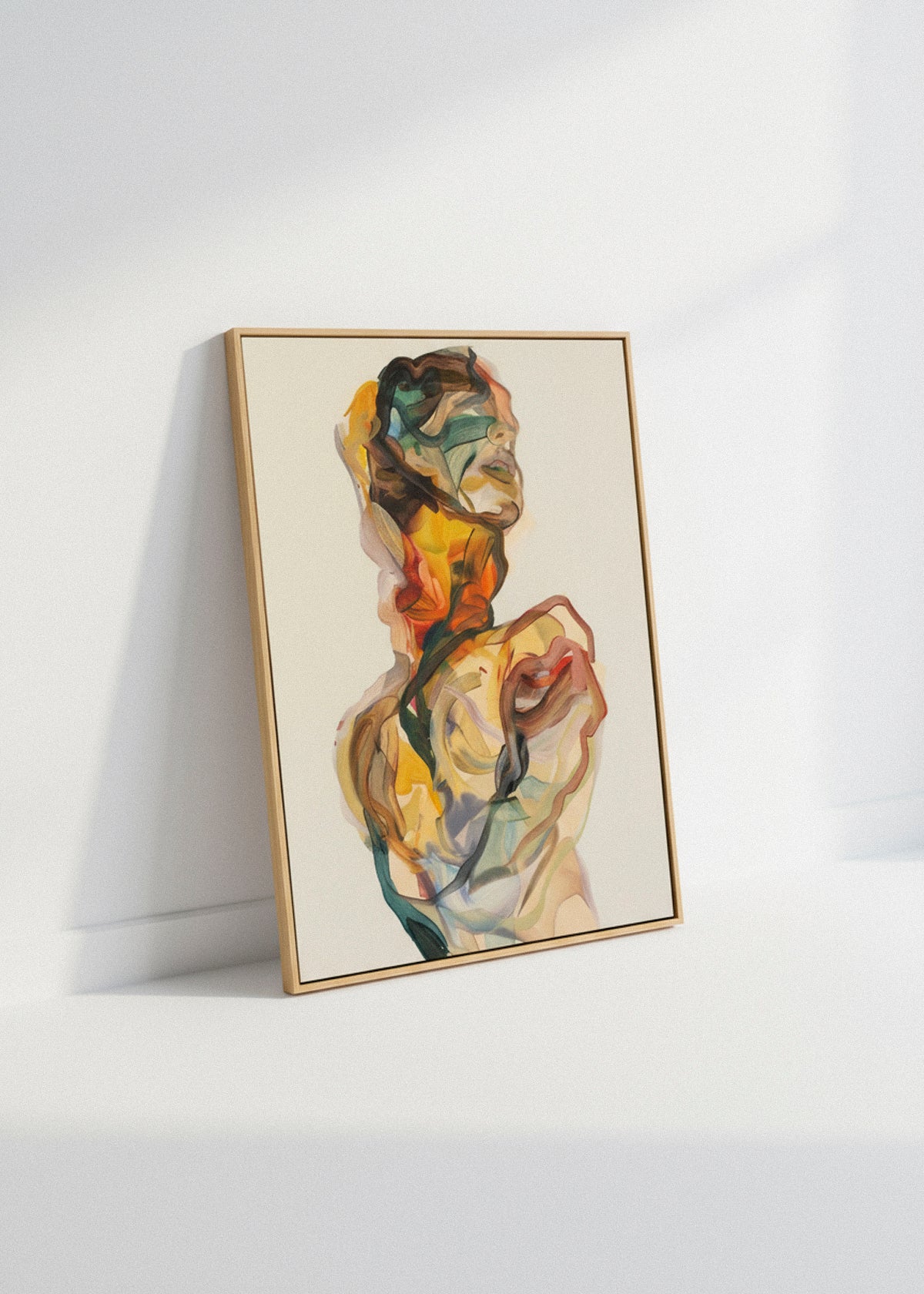 Beautiful Creature canvas leaning against a white wall in soft daylight. Modern abstract portrait artwork in warm tones for contemporary home décor.