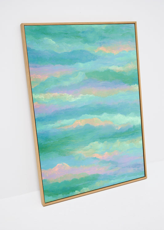 Behind the Clod canvas print with turquoise, green, and pastel tones – modern wall art in large format