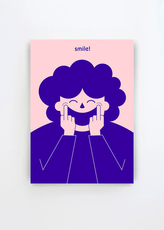 Big Happy Smile art poster by Monika Gregulska with a smiling woman in purple and pink holding up both middle fingers, playful modern wall art with attitude.