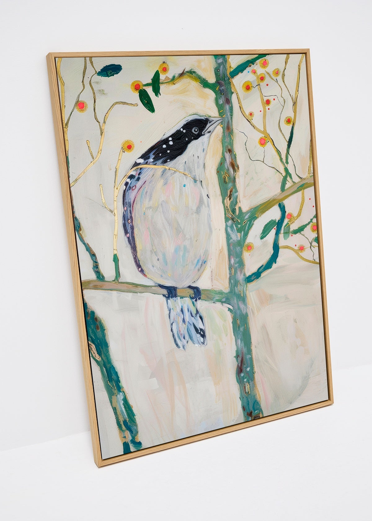 Bird No. 3 canvas print with artistic bird illustration in soft pastels and green branches – modern wall art in large format