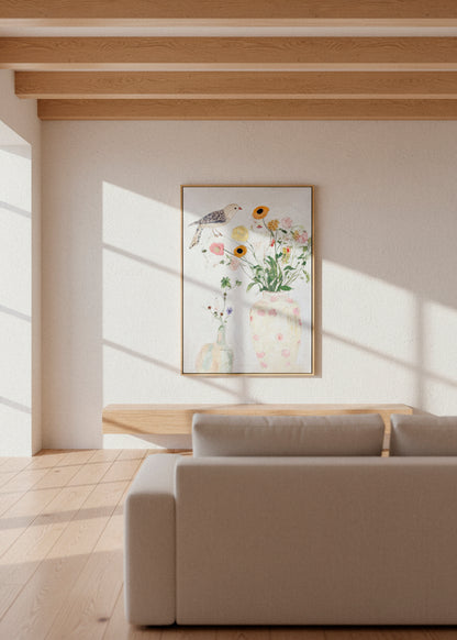 Bird No. 1 canvas print displayed in a minimalist living room with wooden beams and natural light, featuring a hand-painted bird and vase of flowers. Hello Poster canvas art.