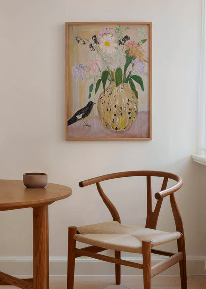 Bird no. 2 poster in a cozy dining space – A delicate and artistic poster featuring a bird and a floral vase, adding a soft, vintage charm to a Scandinavian-inspired dining room.