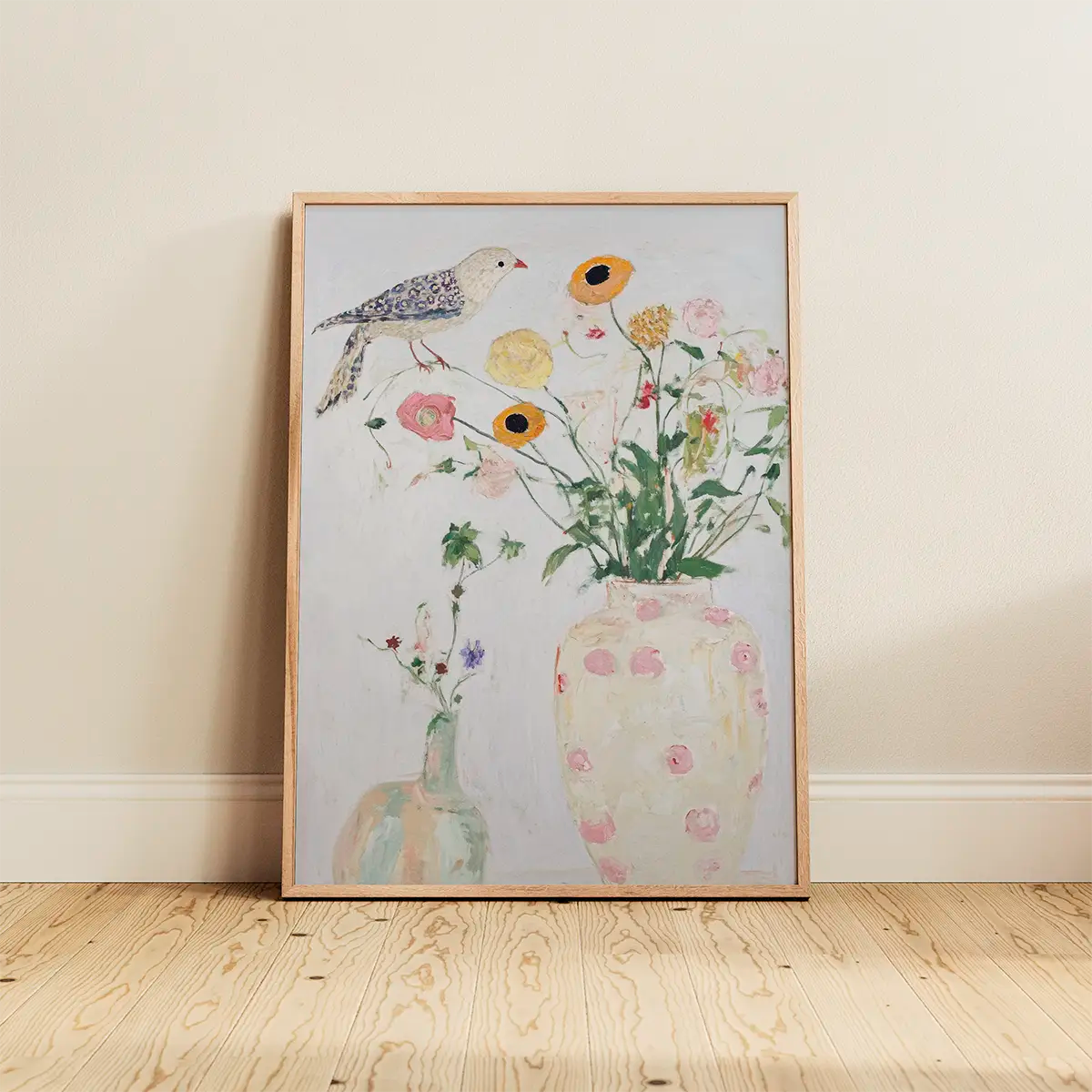 The ‘Bird No. 1’ botanical bird illustration displayed in an oak frame against a light Scandinavian wall, styled in a minimal interior.