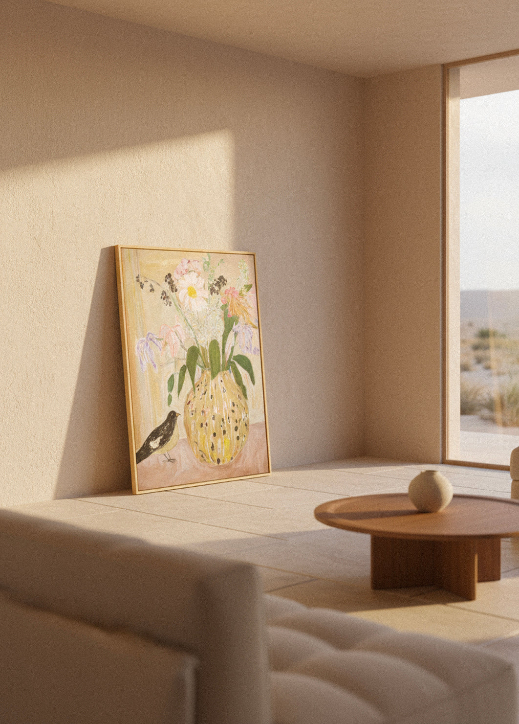 “Bird No. 2” canvas leaning against a terracotta-colored wall in a sunlit room filled with potted plants and rustic tiles.