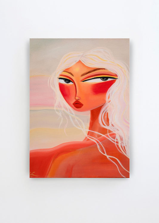 Blonde Sunset Gaze by Amy Straley art print featuring a woman with flowing white-blonde hair, dramatic eyes and warm red, peach and golden sunset tones against a soft pastel backgroun