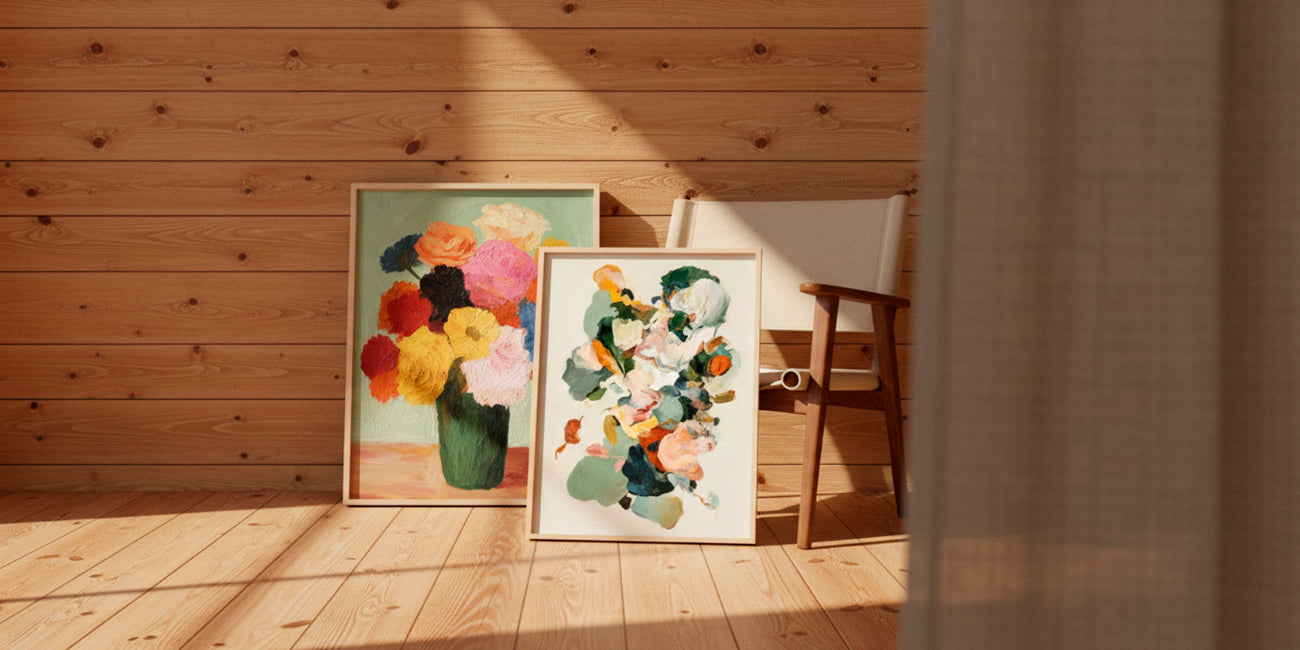 Blossoms and Petale posters leaning against a wooden wall in a cozy sunlit room, with soft curtains and warm natural light creating a Scandinavian interior atmosphere.