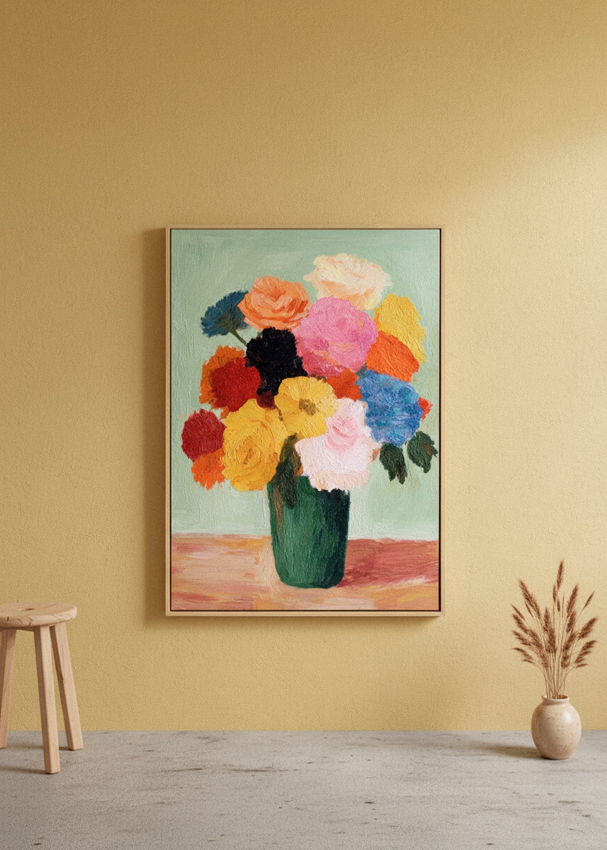 Close-up view of the Blossoms canvas print on a textured white wall, showing vibrant painted flowers in rich warm tones. Minimal, airy home interior. HelloPoster canvas art