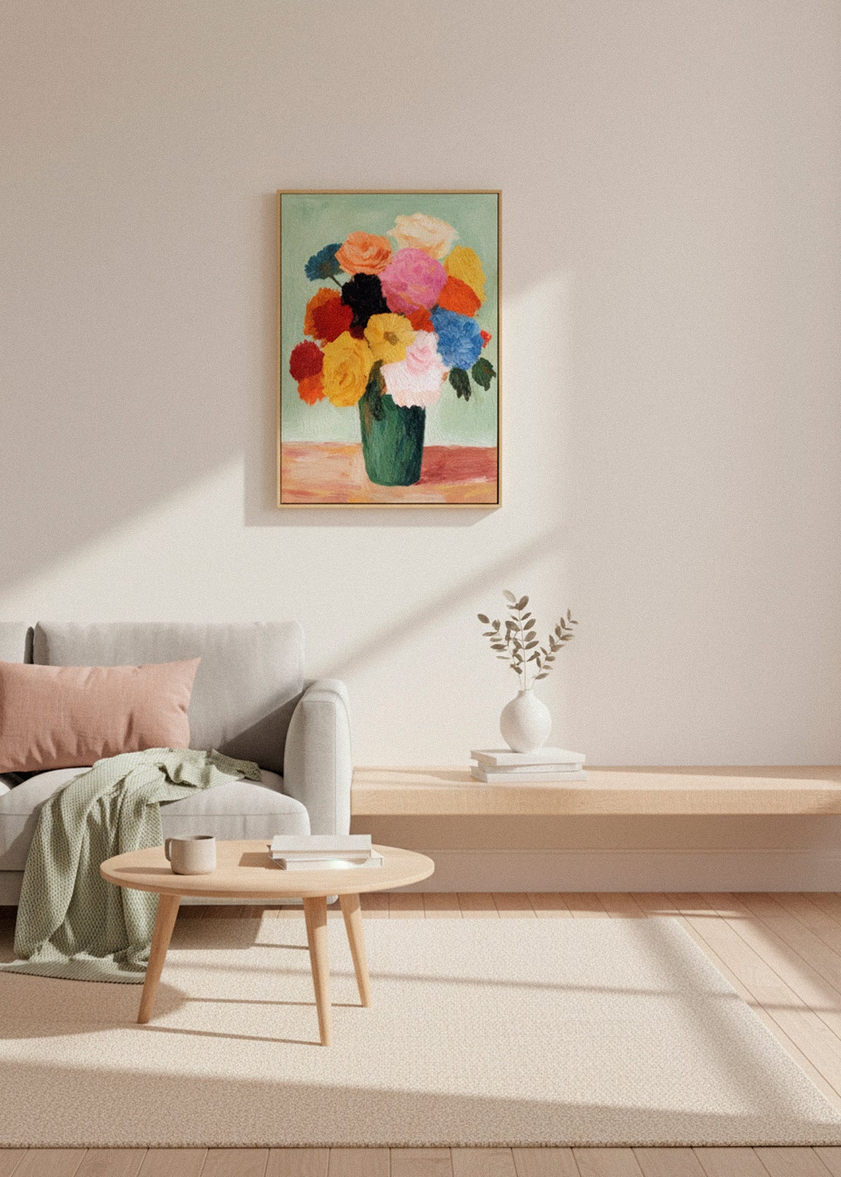 Blossoms canvas print displayed above a wooden bench in a neutral modern space. Colorful floral bouquet artwork in a green vase. Soft daylight and clean Scandinavian décor. HelloPoster canvas print.