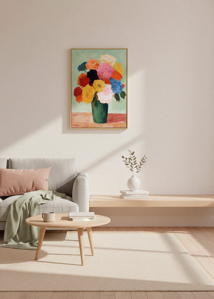 Blossoms canvas print displayed above a wooden bench in a neutral modern space. Colorful floral bouquet artwork in a green vase. Soft daylight and clean Scandinavian décor. HelloPoster canvas print.