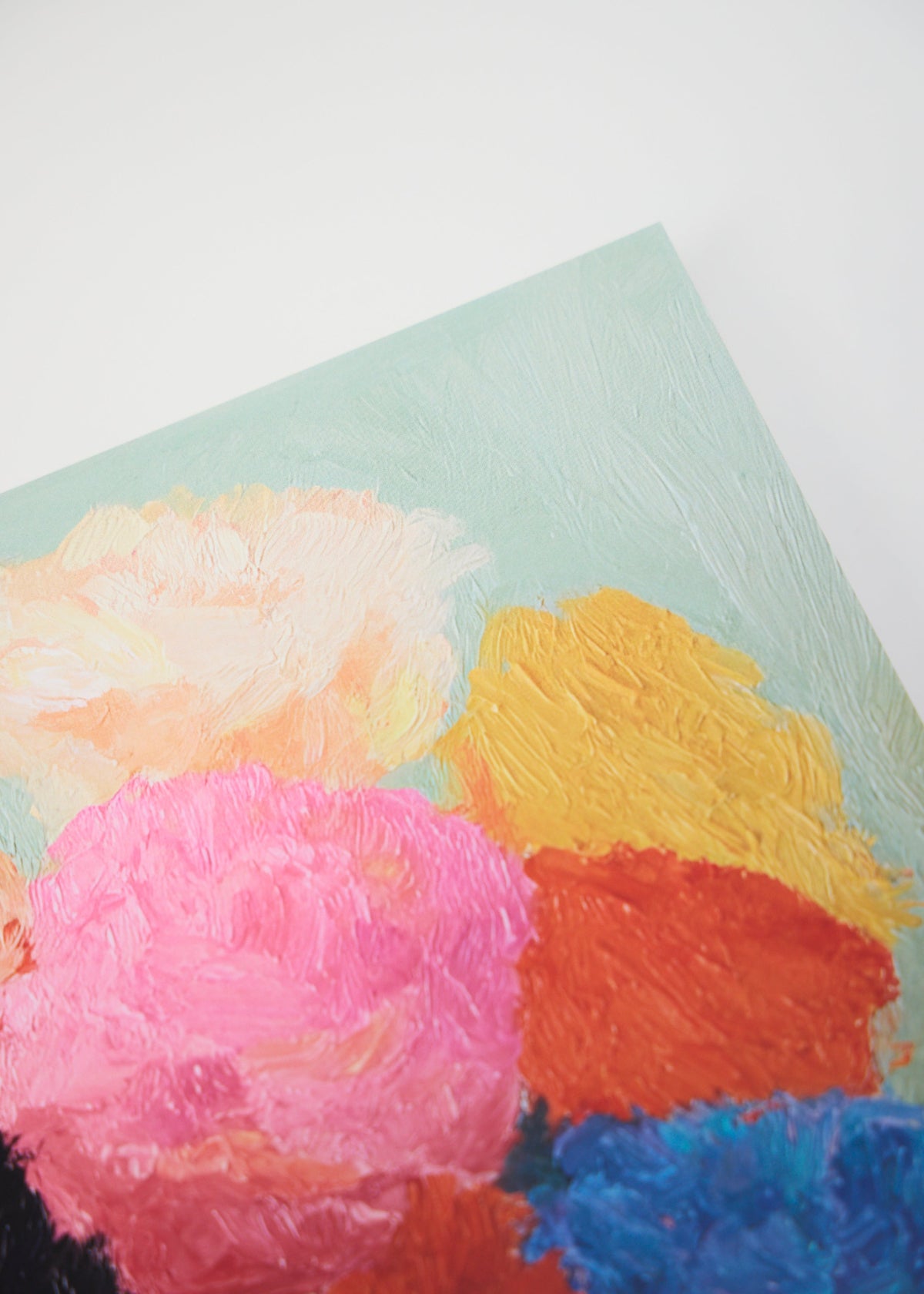 Blossoms poster close-up in natural daylight, vibrant flower motif, bold yet soft wall art for kitchens and living rooms.