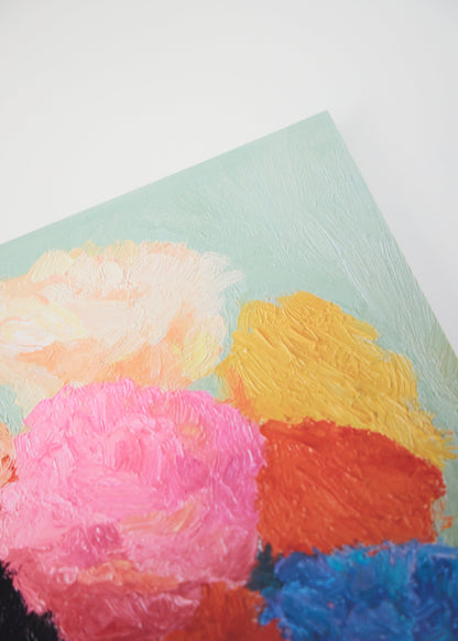 Blossoms poster close-up in natural daylight, vibrant flower motif, bold yet soft wall art for kitchens and living rooms.