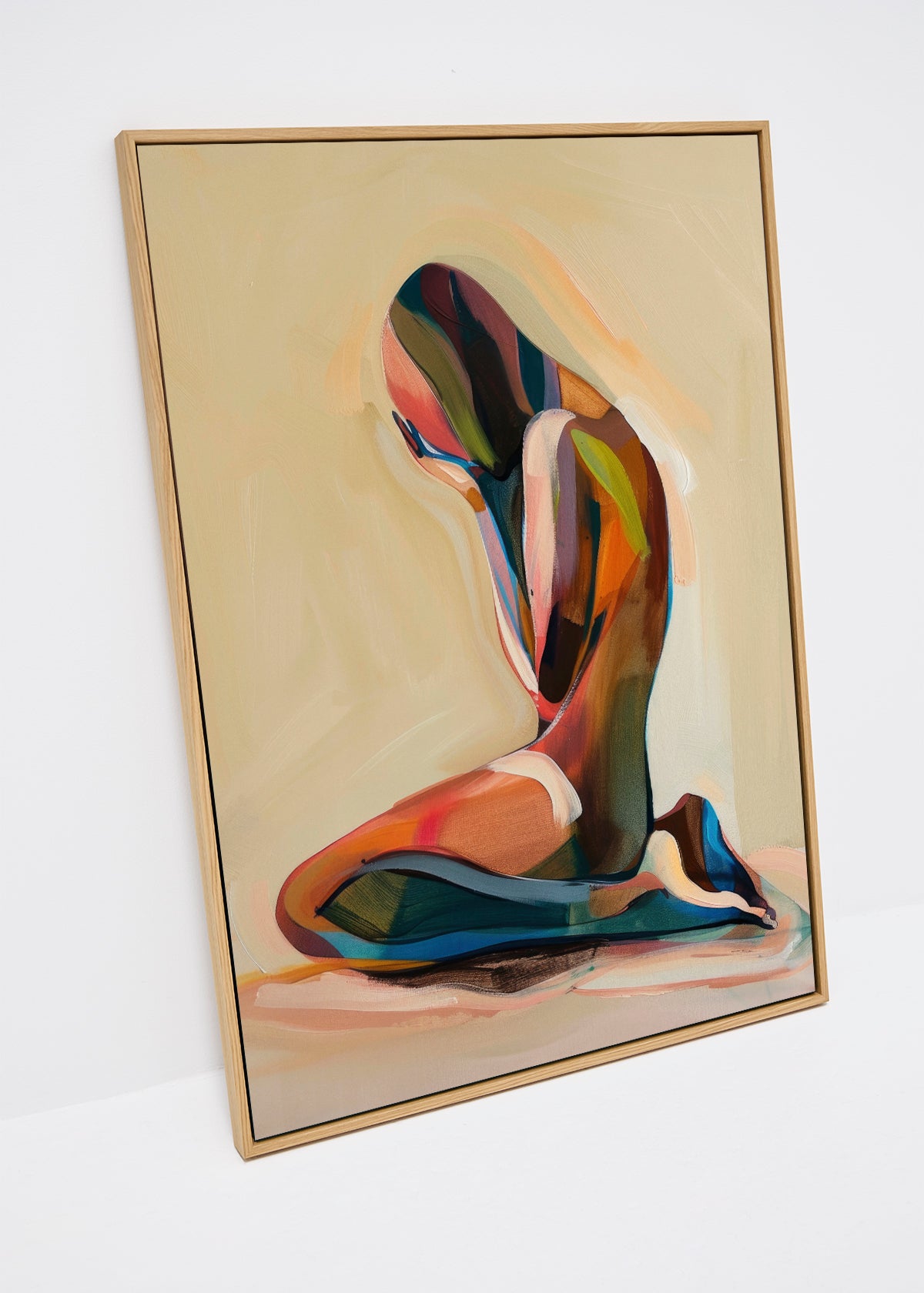 Canvas print of an abstract female figure in colorful brushstrokes on a beige background, titled “Body Color” by HelloPoster.