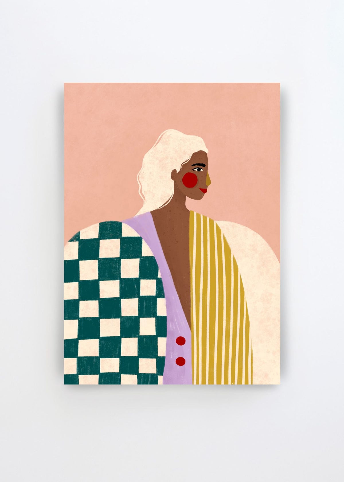 Bold Fashion Portrait by Bea Müller – colorful art poster featuring a stylish woman in a patterned outfit with green checks, yellow stripes and soft pink tones.