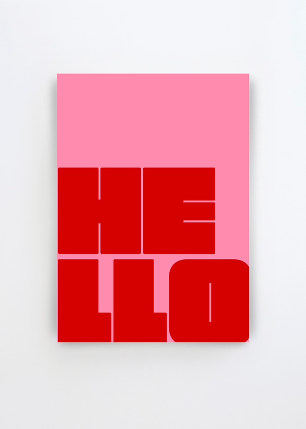 Bold Hello Typography by Athene Fritsch art print featuring the word “HELLO” in oversized deep red block letters against a soft pink background.