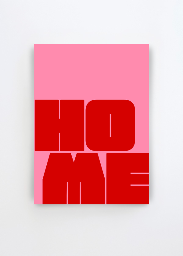 Bold Home Message by Athene Fritsch art print featuring the word “HOME” in oversized deep red block letters against a soft pink background.