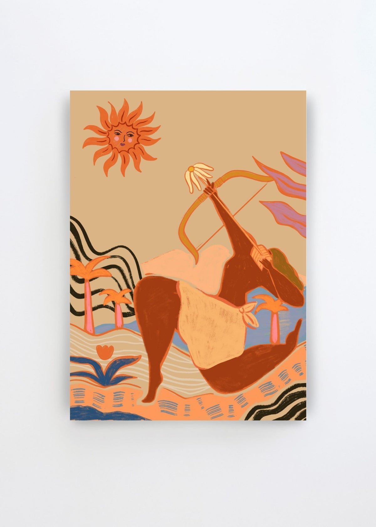 Bow And Arrow by Arty Guava – colorful art poster featuring a woman with a bow and arrow in a playful tropical landscape.