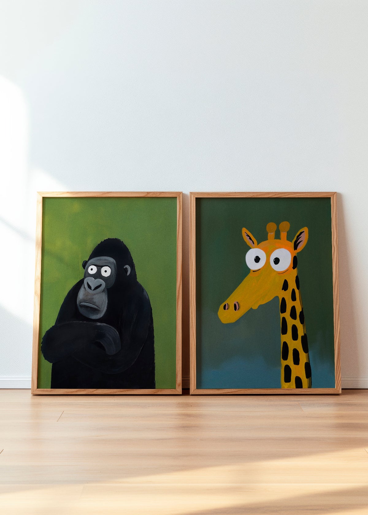 Gorilla" and "Giraffe" posters – a playful and expressive duo featuring a moody gorilla with crossed arms and a wide-eyed, curious giraffe. These vibrant animal prints add humor and personality to any space, perfect for children's rooms, playrooms, or modern interiors with a fun twist.