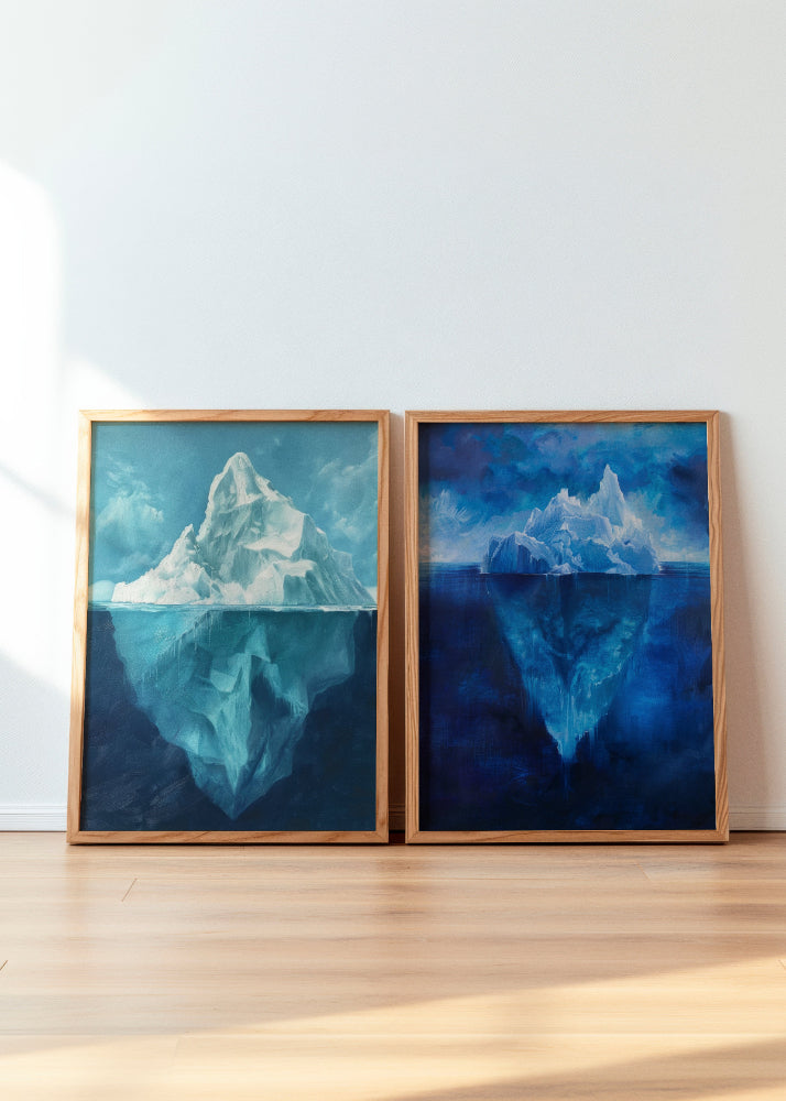 Iceberg Day" and "Iceberg Night" posters – a stunning duo showcasing the beauty of icebergs in different lighting. "Iceberg Day" features a bright, serene arctic landscape, while "Iceberg Night" captures a deep, mysterious blue atmosphere. Perfect for creating a tranquil and sophisticated ambiance in any modern home.
