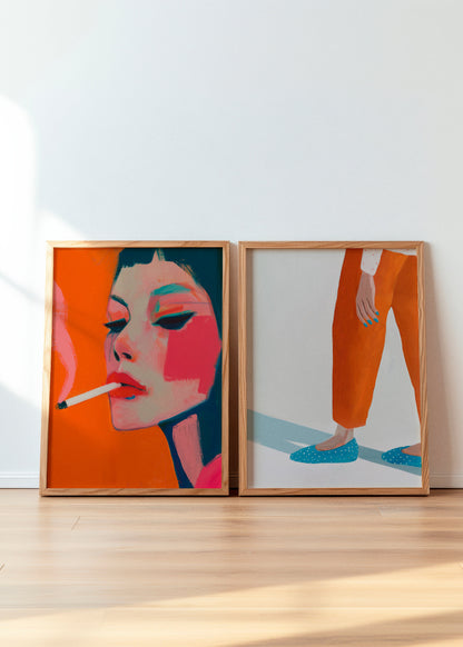 Bold and expressive poster set featuring Smoke and Moody Nails, two striking art prints from the Simply Artful collection. Smoke portrays a confident woman with vibrant pink and orange tones, exhaling smoke in a dramatic, modern style. Moody Nails captures a minimalist yet stylish composition, highlighting a woman's hand with bright blue nails and relaxed posture. This duo adds a rebellious and artistic touch to contemporary interiors, perfect for those who appreciate statement art with personality.