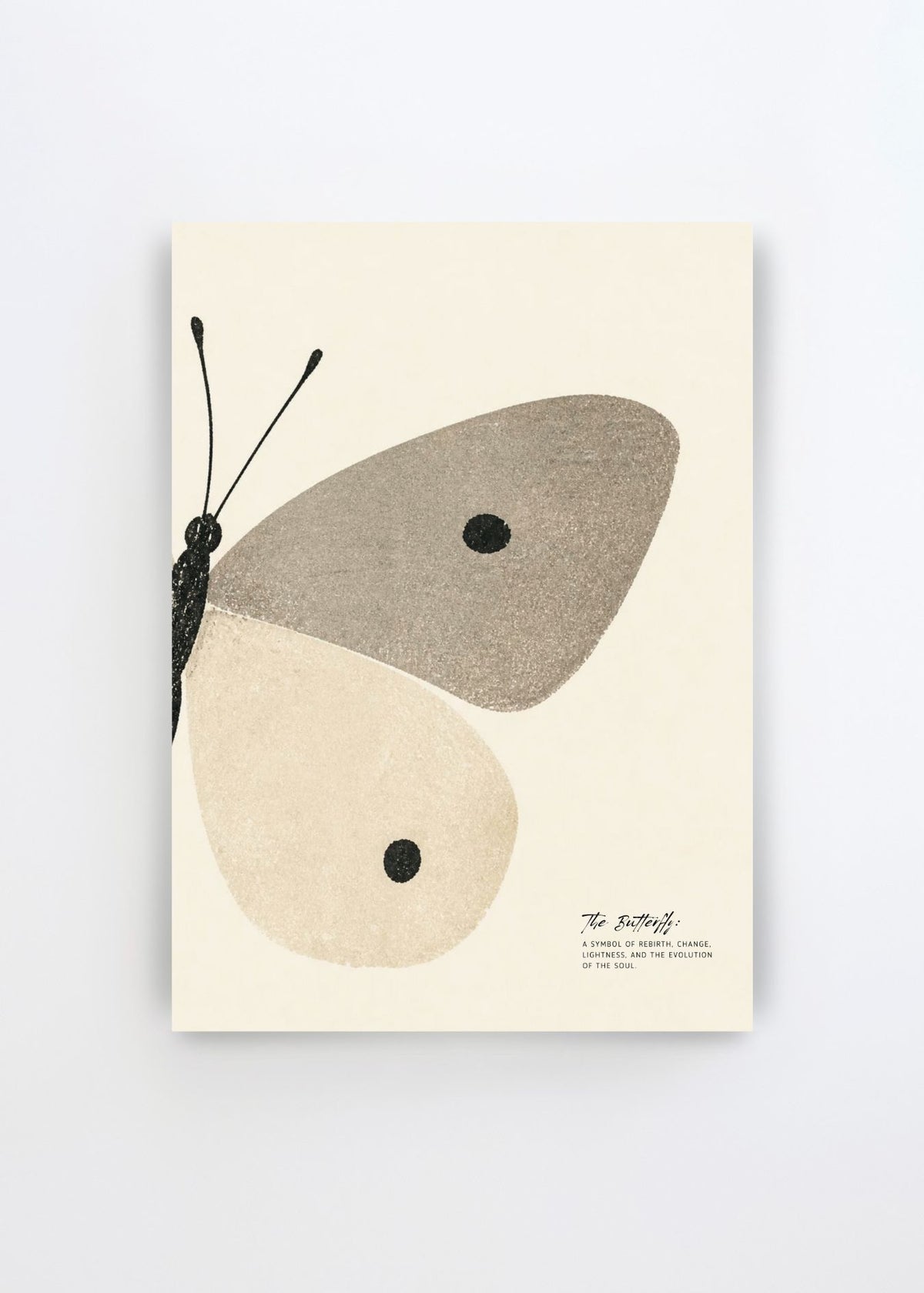 Minimalist butterfly art poster by Ohkimiko in soft beige, grey and black tones on a light background.
