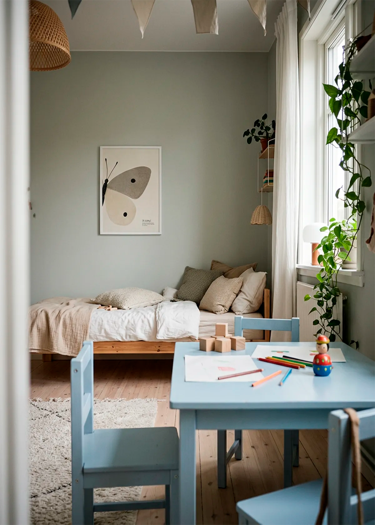 Butterfly Evolution Symbol art poster by Ohkimiko displayed in a calm children’s room with soft green walls, a blue table, wooden details and natural light.