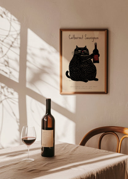 Framed "Catbernet Sauvignon" poster featuring a black cat holding a bottle of red wine, hanging on a cozy dining room wall with warm natural light. A wine bottle and glass sit on a linen-covered table, creating a stylish and humorous kitchen decor setting.